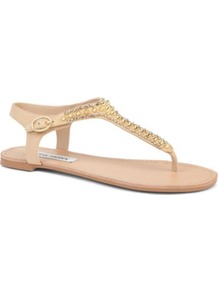 Beyyond Studded Sandals - predominant colour: nude; secondary colour: gold; occasions: casual, holiday; material: leather; heel height: flat; embellishment: studs; ankle detail: ankle strap; heel: block; toe: toe thongs; style: flip flops / toe post; trends: metallics; finish: plain; pattern: plain