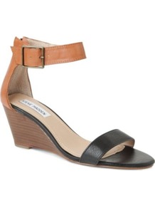 Nanncy Leather Wedge Sandals - secondary colour: tan; predominant colour: black; occasions: casual, evening, work, holiday; material: leather; heel height: mid; ankle detail: ankle strap; heel: wedge; toe: open toe/peeptoe; style: standard; finish: plain; pattern: colourblock