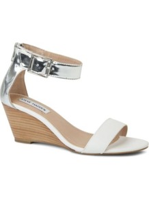 Nanncy Leather Wedge Sandals - secondary colour: white; predominant colour: silver; occasions: casual, evening, work, occasion, holiday; material: leather; heel height: mid; embellishment: buckles; ankle detail: ankle strap; heel: wedge; toe: open toe/peeptoe; style: standard; trends: metallics; finish: metallic; pattern: colourblock