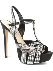 Ally Diamant Embellished Satin Sandals - predominant colour: black; occasions: evening, occasion; material: satin; embellishment: crystals; ankle detail: ankle strap; heel: platform; toe: open toe/peeptoe; style: strappy; finish: plain; pattern: plain; heel height: very high; secondary colour: clear