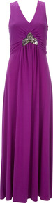 Purple Maxi Dress - neckline: v-neck; fit: empire; pattern: plain; sleeve style: sleeveless; style: maxi dress; bust detail: added detail/embellishment at bust; waist detail: embellishment at waist/feature waistband; predominant colour: purple; occasions: evening, occasion; length: floor length; fibres: polyester/polyamide - stretch; sleeve length: sleeveless; pattern type: fabric; texture group: jersey - stretchy/drapey; embellishment: crystals