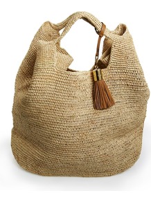 Bucket Bag - predominant colour: stone; occasions: casual, holiday; style: tote; length: shoulder (tucks under arm); size: standard; material: macrame/raffia/straw; pattern: plain; finish: plain