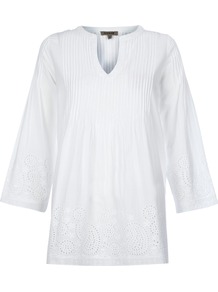 Cotton Embroidery Tunic - neckline: v-neck; pattern: plain; length: below the bottom; style: tunic; predominant colour: white; occasions: casual; fibres: cotton - 100%; fit: loose; sleeve length: 3/4 length; sleeve style: standard; texture group: cotton feel fabrics; pattern type: fabric
