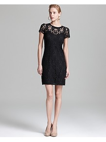 Short Sleeve Dress Lace - style: shift; length: mid thigh; pattern: plain; predominant colour: black; occasions: evening, occasion; fit: body skimming; fibres: cotton - mix; neckline: crew; sleeve length: short sleeve; sleeve style: standard; texture group: lace; pattern type: fabric; embellishment: lace
