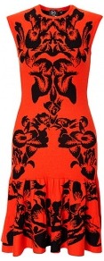 Iris Jacquard Flirty Dress Mc Q - length: mid thigh; sleeve style: capped; waist detail: fitted waist; predominant colour: bright orange; secondary colour: black; occasions: evening, occasion; fit: fitted at waist & bust; style: fit & flare; fibres: viscose/rayon - stretch; neckline: crew; hip detail: soft pleats at hip/draping at hip/flared at hip; sleeve length: sleeveless; trends: statement prints, modern geometrics; pattern type: fabric; pattern size: big & busy; pattern: patterned/print; texture group: jersey - stretchy/drapey