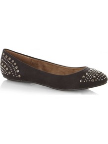 Black Embellished Gem Ballerina Pumps - predominant colour: black; occasions: casual; material: faux leather; heel height: flat; embellishment: studs; toe: round toe; style: ballerinas / pumps; finish: plain; pattern: plain