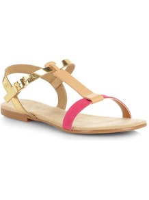 Pink And Gold Leather Sandals - predominant colour: hot pink; secondary colour: gold; occasions: casual, holiday; material: leather; heel height: flat; ankle detail: ankle strap; heel: standard; toe: open toe/peeptoe; style: standard; finish: plain; pattern: colourblock