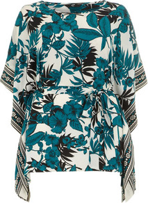 Green Tropical Square Top - neckline: round neck; sleeve style: angel/waterfall; length: below the bottom; waist detail: belted waist/tie at waist/drawstring; secondary colour: ivory; predominant colour: teal; occasions: evening, work, holiday; style: top; fibres: polyester/polyamide - 100%; fit: body skimming; hip detail: dip hem; shoulder detail: flat/draping pleats/ruching/gathering at shoulder; sleeve length: 3/4 length; texture group: silky - light; trends: statement prints; pattern type: fabric; pattern size: big & busy; pattern: florals