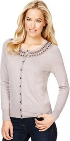 Jewel Collar Cardigan - neckline: round neck; pattern: plain; predominant colour: stone; occasions: casual; length: standard; style: standard; fit: slim fit; sleeve length: long sleeve; sleeve style: standard; texture group: knits/crochet; pattern type: knitted - other; fibres: viscose/rayon - mix