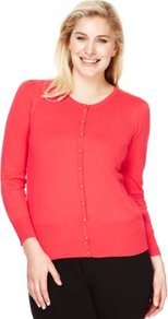 Plus Bobble Button Plain Cardigan - neckline: round neck; pattern: plain; predominant colour: coral; occasions: casual, work; length: standard; style: standard; fit: standard fit; sleeve length: long sleeve; sleeve style: standard; texture group: knits/crochet; pattern type: knitted - other; fibres: viscose/rayon - mix