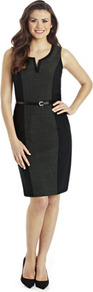 Contrast Trim Suit Dress - style: shift; neckline: round neck; fit: tailored/fitted; sleeve style: sleeveless; hip detail: fitted at hip; waist detail: belted waist/tie at waist/drawstring; predominant colour: charcoal; secondary colour: black; occasions: evening, work; length: on the knee; fibres: polyester/polyamide - 100%; sleeve length: sleeveless; trends: glamorous day shifts; pattern type: fabric; pattern size: standard; pattern: colourblock; texture group: woven light midweight