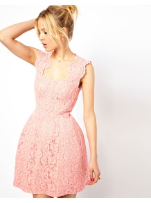 Cupped Structured Dress In Lace - length: mid thigh; pattern: plain; sleeve style: sleeveless; waist detail: fitted waist; predominant colour: pink; occasions: evening, occasion; fit: fitted at waist & bust; style: fit & flare; neckline: scoop; fibres: cotton - mix; sleeve length: sleeveless; texture group: lace; pattern type: fabric