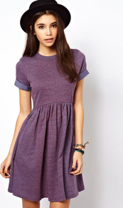Smock Dress In Nepi Sweat - length: mid thigh; pattern: plain; waist detail: fitted waist; predominant colour: purple; occasions: casual; fit: fitted at waist & bust; style: fit & flare; fibres: cotton - mix; neckline: crew; hip detail: soft pleats at hip/draping at hip/flared at hip; sleeve length: short sleeve; sleeve style: standard; pattern type: fabric; texture group: jersey - stretchy/drapey