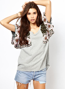 Sweatshirt Top With Woven Sleeve Detail - neckline: v-neck; style: sweat top; shoulder detail: contrast pattern/fabric at shoulder; predominant colour: light grey; secondary colour: black; occasions: casual; length: standard; fibres: cotton - 100%; fit: loose; sleeve length: short sleeve; sleeve style: standard; pattern type: fabric; pattern size: standard; pattern: patterned/print; texture group: jersey - stretchy/drapey