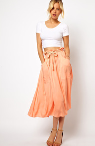 Midi Skirt With Tie Waist - length: calf length; pattern: plain; style: full/prom skirt; fit: loose/voluminous; waist: high rise; predominant colour: nude; occasions: casual, holiday; fibres: viscose/rayon - 100%; waist detail: paperbag waist; pattern type: fabric; texture group: woven light midweight