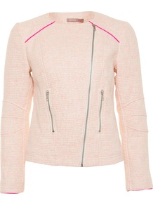 Neon Boucle Biker Jacket, Pink - pattern: plain; style: biker; collar: asymmetric biker; predominant colour: blush; secondary colour: hot pink; occasions: casual; length: standard; fit: tailored/fitted; fibres: cotton - mix; sleeve length: long sleeve; sleeve style: standard; collar break: high/illusion of break when open; pattern type: fabric; texture group: woven light midweight