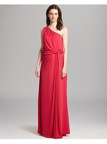 Gown One Shoulder Ruched Side Waist - pattern: plain; style: maxi dress; sleeve style: asymmetric sleeve; neckline: asymmetric; waist detail: twist front waist detail/nipped in at waist on one side/soft pleats/draping/ruching/gathering waist detail; bust detail: ruching/gathering/draping/layers/pintuck pleats at bust; predominant colour: coral; occasions: evening, occasion; length: floor length; fit: body skimming; fibres: polyester/polyamide - mix; hip detail: soft pleats at hip/draping at hip/flared at hip; shoulder detail: asymmetric shoulder detail/one shoulder; sleeve length: sleeveless; texture group: sheer fabrics/chiffon/organza etc.; pattern type: fabric