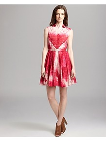 Belted Dress Sleeveless With Flared Skirt - length: mid thigh; neckline: shirt collar/peter pan/zip with opening; sleeve style: sleeveless; style: full skirt; waist detail: belted waist/tie at waist/drawstring; secondary colour: white; predominant colour: hot pink; occasions: casual, evening, occasion, holiday; fit: fitted at waist & bust; fibres: cotton - 100%; hip detail: structured pleats at hip; sleeve length: sleeveless; texture group: cotton feel fabrics; trends: glamorous day shifts; pattern type: fabric; pattern size: standard; pattern: patterned/print