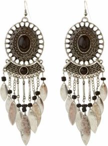 Black And Silver Leaf Chandelier Earrings - predominant colour: bronze; secondary colour: black; occasions: casual, evening, holiday; style: chandelier; length: long; size: large/oversized; material: chain/metal; fastening: pierced; finish: metallic; embellishment: chain/metal