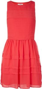 Watermelon Chiffon Tiered Sleeveless Dress - length: mid thigh; neckline: round neck; pattern: plain; sleeve style: sleeveless; waist detail: twist front waist detail/nipped in at waist on one side/soft pleats/draping/ruching/gathering waist detail; predominant colour: true red; occasions: casual, holiday; fit: fitted at waist & bust; style: fit & flare; fibres: polyester/polyamide - 100%; sleeve length: sleeveless; texture group: sheer fabrics/chiffon/organza etc.; hip detail: ruffles/tiers/tie detail at hip; pattern type: fabric