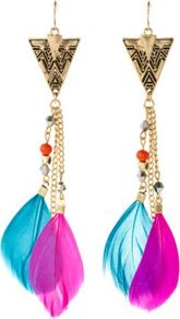 Pink And Turquoise Gold Triangle Feather Earrings - secondary colour: hot pink; predominant colour: turquoise; occasions: casual, evening, holiday; style: drop; length: extra long; size: large/oversized; material: chain/metal; fastening: pierced; finish: metallic; embellishment: feathers