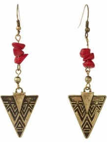 Coral And Gold Arrow Head Drop Earrings - predominant colour: true red; secondary colour: gold; occasions: casual, evening, occasion, holiday; style: drop; length: long; size: standard; material: chain/metal; fastening: pierced; finish: plain; embellishment: beading