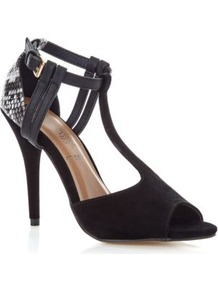 Black Snake Print T Bar Heels - predominant colour: black; occasions: evening, occasion; material: fabric; heel height: high; ankle detail: ankle strap; heel: stiletto; toe: open toe/peeptoe; style: t-bar; finish: plain; pattern: animal print