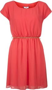 Pink Cap Sleeve Belted Dress - length: mid thigh; neckline: round neck; fit: fitted at waist; pattern: plain; style: blouson; waist detail: belted waist/tie at waist/drawstring; predominant colour: coral; occasions: casual, evening, holiday; fibres: polyester/polyamide - 100%; hip detail: soft pleats at hip/draping at hip/flared at hip; sleeve length: short sleeve; sleeve style: standard; texture group: sheer fabrics/chiffon/organza etc.; pattern type: fabric