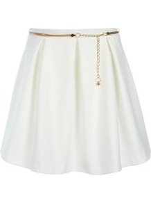 White Pleated Chain Belt Skater Skirt - length: mid thigh; pattern: plain; fit: body skimming; waist detail: belted waist/tie at waist/drawstring; waist: mid/regular rise; predominant colour: white; occasions: casual, evening, work, holiday; style: fit & flare; fibres: polyester/polyamide - stretch; hip detail: sculpting darts/pleats/seams at hip; trends: volume; pattern type: fabric; texture group: jersey - stretchy/drapey; embellishment: chain/metal