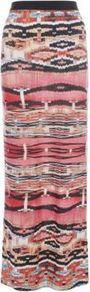 Pink And Beige Ikat Print Maxi Tube Skirt - waist detail: elasticated waist; waist: high rise; hip detail: fitted at hip; secondary colour: black; occasions: casual, evening, holiday; length: floor length; style: maxi skirt; fibres: viscose/rayon - stretch; predominant colour: multicoloured; trends: statement prints, modern geometrics; fit: straight cut; pattern type: fabric; pattern size: big & busy; pattern: patterned/print; texture group: jersey - stretchy/drapey