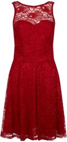 Red Sweetheart Sleeveless Lace Dress - neckline: slash/boat neckline; pattern: plain; sleeve style: sleeveless; predominant colour: true red; occasions: evening, occasion; length: just above the knee; fit: fitted at waist & bust; style: fit & flare; hip detail: soft pleats at hip/draping at hip/flared at hip; sleeve length: sleeveless; texture group: lace; pattern type: fabric; pattern size: standard; fibres: viscose/rayon - mix; embellishment: lace