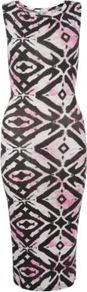 Pink White And Black Ikat Print Sleeveless Midi Dress - length: calf length; neckline: round neck; fit: tight; sleeve style: sleeveless; style: bodycon; secondary colour: white; occasions: casual, holiday; fibres: viscose/rayon - stretch; predominant colour: multicoloured; sleeve length: sleeveless; trends: statement prints; pattern type: fabric; pattern size: big & busy; pattern: patterned/print; texture group: jersey - stretchy/drapey