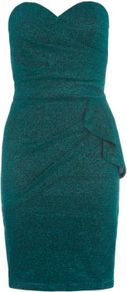 Dark Green Sparkle Drape Sweetheart Strapless Dress - style: shift; length: mid thigh; fit: tailored/fitted; pattern: plain; sleeve style: sleeveless; waist detail: fitted waist; neckline: sweetheart; bust detail: ruching/gathering/draping/layers/pintuck pleats at bust; predominant colour: dark green; occasions: evening, occasion; fibres: polyester/polyamide - stretch; hip detail: soft pleats at hip/draping at hip/flared at hip; sleeve length: sleeveless; pattern type: fabric; texture group: woven light midweight