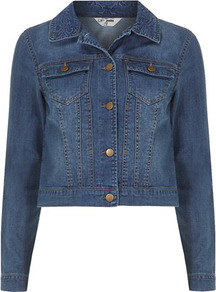 Embroidered Collar Denim Jacket - pattern: plain; length: cropped; style: denim; fit: slim fit; predominant colour: indigo; occasions: casual; fibres: cotton - 100%; collar: shirt collar/peter pan/zip with opening; sleeve length: long sleeve; sleeve style: standard; texture group: denim; collar break: high/illusion of break when open; pattern type: fabric