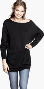 Fine Knit Jumper - neckline: slash/boat neckline; sleeve style: dolman/batwing; pattern: plain; length: below the bottom; style: tunic; hip detail: fitted at hip; predominant colour: black; occasions: casual, work; fibres: cotton - 100%; fit: loose; waist detail: fitted waist; sleeve length: long sleeve; texture group: knits/crochet; pattern type: knitted - other