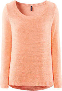Jumper - neckline: round neck; pattern: plain; length: below the bottom; style: standard; predominant colour: coral; occasions: casual; fibres: acrylic - mix; fit: standard fit; hip detail: dip hem; sleeve length: long sleeve; sleeve style: standard; texture group: knits/crochet; pattern type: knitted - fine stitch