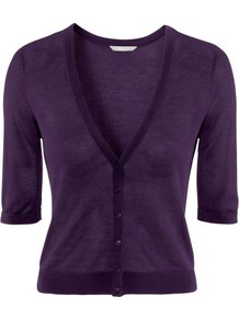 Cardigan - neckline: v-neck; pattern: plain; hip detail: fitted at hip; bust detail: buttons at bust (in middle at breastbone)/zip detail at bust; predominant colour: aubergine; occasions: casual, evening, work, holiday; length: standard; style: standard; fibres: viscose/rayon - stretch; fit: slim fit; waist detail: fitted waist; sleeve length: half sleeve; sleeve style: standard; texture group: knits/crochet; pattern type: knitted - fine stitch