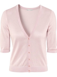 Cardigan - neckline: low v-neck; pattern: plain; hip detail: fitted at hip; bust detail: buttons at bust (in middle at breastbone)/zip detail at bust; predominant colour: blush; occasions: casual, evening, work, holiday; length: standard; style: standard; fibres: viscose/rayon - stretch; fit: slim fit; waist detail: fitted waist; sleeve length: half sleeve; sleeve style: standard; texture group: knits/crochet; pattern type: knitted - fine stitch