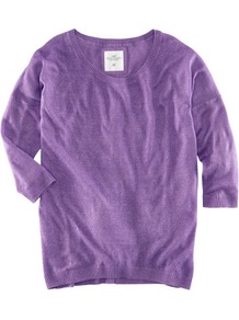 Jumper - neckline: round neck; pattern: plain; length: below the bottom; style: standard; hip detail: fitted at hip; predominant colour: purple; occasions: casual, work, holiday; fibres: linen - mix; fit: standard fit; back detail: longer hem at back than at front; sleeve length: 3/4 length; sleeve style: standard; waist detail: drop waist; pattern type: fabric; texture group: jersey - stretchy/drapey