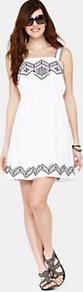 Contrast Embroidered Dress, White - length: mid thigh; fit: empire; pattern: plain; sleeve style: sleeveless; style: sundress; bust detail: added detail/embellishment at bust; waist detail: elasticated waist; predominant colour: white; secondary colour: black; occasions: casual, holiday; fibres: cotton - 100%; sleeve length: sleeveless; texture group: cotton feel fabrics; neckline: medium square neck; pattern type: fabric; embellishment: embroidered