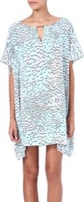 Beonica Dress - style: t-shirt; length: mid thigh; neckline: v-neck; fit: loose; predominant colour: pale blue; secondary colour: light grey; occasions: casual; sleeve length: short sleeve; sleeve style: standard; pattern type: fabric; pattern size: light/subtle; pattern: patterned/print; fibres: viscose/rayon - mix