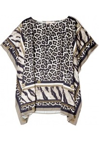 Safari Animal Scarf Flutter Top - neckline: round neck; sleeve style: dolman/batwing; secondary colour: ivory; predominant colour: black; occasions: casual, evening, holiday; length: standard; style: top; fibres: polyester/polyamide - 100%; fit: loose; sleeve length: short sleeve; texture group: silky - light; trends: statement prints; pattern type: fabric; pattern size: standard; pattern: animal print