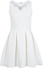 Necklace Trim Skater Dress - length: mid thigh; neckline: round neck; pattern: plain; sleeve style: sleeveless; bust detail: added detail/embellishment at bust; waist detail: fitted waist; predominant colour: white; occasions: evening, occasion; fit: fitted at waist & bust; style: fit & flare; fibres: polyester/polyamide - 100%; hip detail: structured pleats at hip; sleeve length: sleeveless; texture group: crepes; trends: volume; pattern type: fabric; embellishment: embroidered