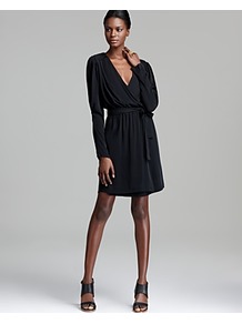 Silk Dress Destiny V Neck Wrap - style: faux wrap/wrap; neckline: low v-neck; fit: fitted at waist; pattern: plain; waist detail: belted waist/tie at waist/drawstring; bust detail: ruching/gathering/draping/layers/pintuck pleats at bust; predominant colour: black; occasions: casual, evening; length: just above the knee; sleeve length: long sleeve; sleeve style: standard; texture group: silky - light; pattern type: fabric; pattern size: standard; fibres: silk - stretch