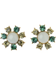 Flower Stud Earrings, Green/Gold - predominant colour: emerald green; occasions: casual, evening; style: stud; length: short; size: small; fastening: pierced; finish: plain; embellishment: jewels