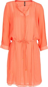 Pin Tuck Tunic Dress, Orange - style: tunic; neckline: shirt collar/peter pan/zip with opening; fit: loose; pattern: plain; waist detail: belted waist/tie at waist/drawstring; predominant colour: bright orange; occasions: casual, holiday; length: just above the knee; fibres: viscose/rayon - 100%; sleeve length: 3/4 length; sleeve style: standard; texture group: sheer fabrics/chiffon/organza etc.; pattern type: fabric