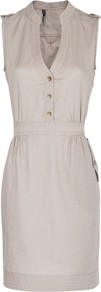 Linen Shirt Dress - style: shirt; fit: fitted at waist; pattern: plain; sleeve style: sleeveless; bust detail: buttons at bust (in middle at breastbone)/zip detail at bust; predominant colour: stone; occasions: casual, holiday; length: just above the knee; fibres: linen - mix; neckline: no opening/shirt collar/peter pan; shoulder detail: discreet epaulette; sleeve length: sleeveless; texture group: cotton feel fabrics; pattern type: fabric
