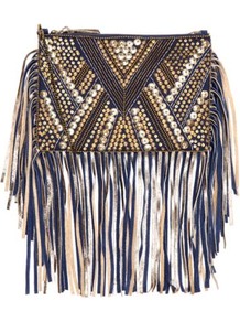 Est 1969 Navy Bead Embellished Suede Fringe Clutch - secondary colour: gold; predominant colour: black; occasions: evening, holiday; type of pattern: heavy; style: clutch; length: hand carry; size: standard; material: suede; embellishment: tassels; finish: plain; pattern: patterned/print