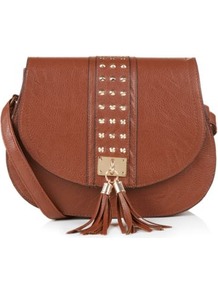 Tan Stud Tassel Saddle Bag - predominant colour: tan; occasions: casual, work, holiday; type of pattern: standard; style: saddle; length: across body/long; size: standard; material: faux leather; embellishment: tassels; pattern: plain; finish: plain