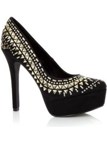 Black Triangle Stud Platform Court Heels - predominant colour: black; occasions: evening, occasion; material: faux leather; embellishment: studs; heel: platform; toe: round toe; style: courts; finish: plain; pattern: plain; heel height: very high